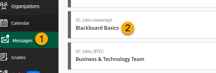 The Messages page with the left-hand navigation Messages link and the list of available courses to choose from
