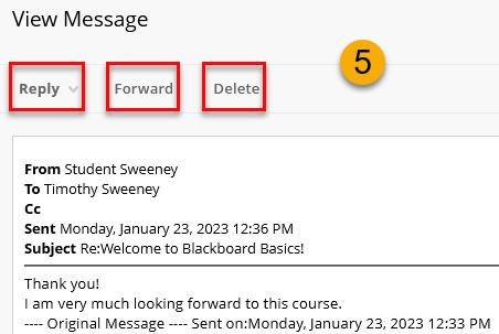The View Messages screen with Reply, Forward, and Delete buttons at the top