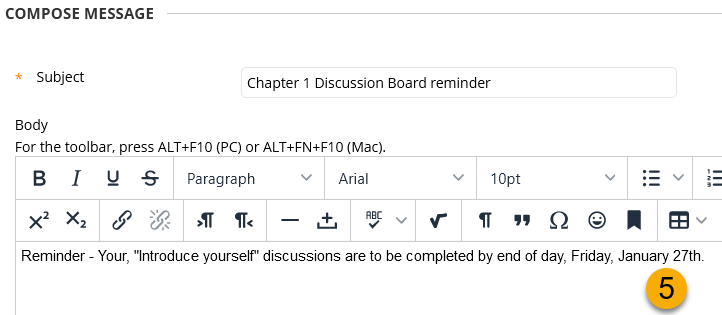 The Compose Message screen with the Subject field, Content Editor, and Submit button