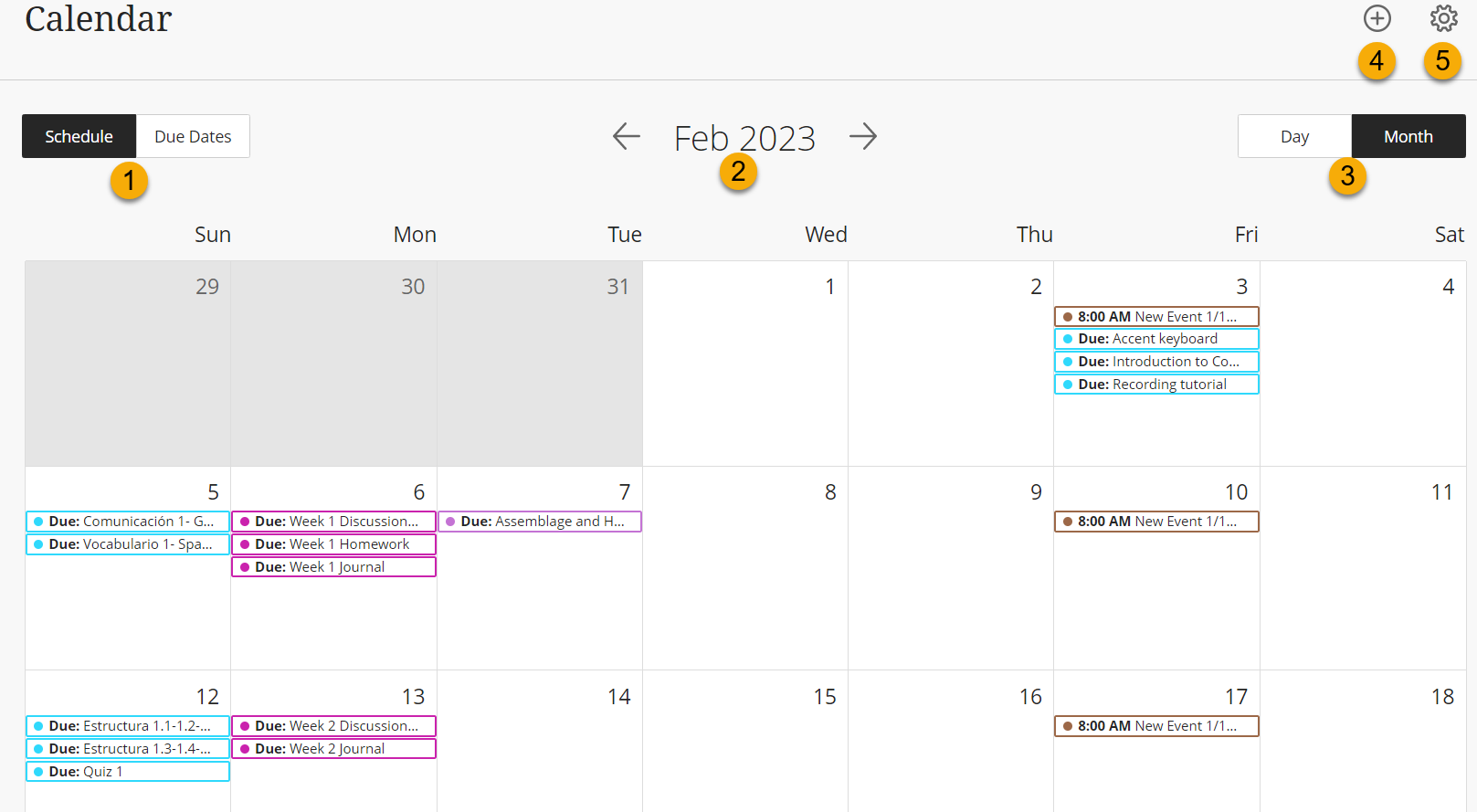 The global Calendar page in Base Navigation showing the month view with the Schedule/Due Dates toggle, month navigation arrows, Day/Month buttons, New Event (+) button, and the Settings gear