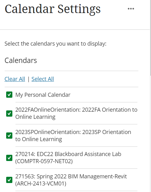 The Calendar Settings menu with green check marks next to each course you can show or hide