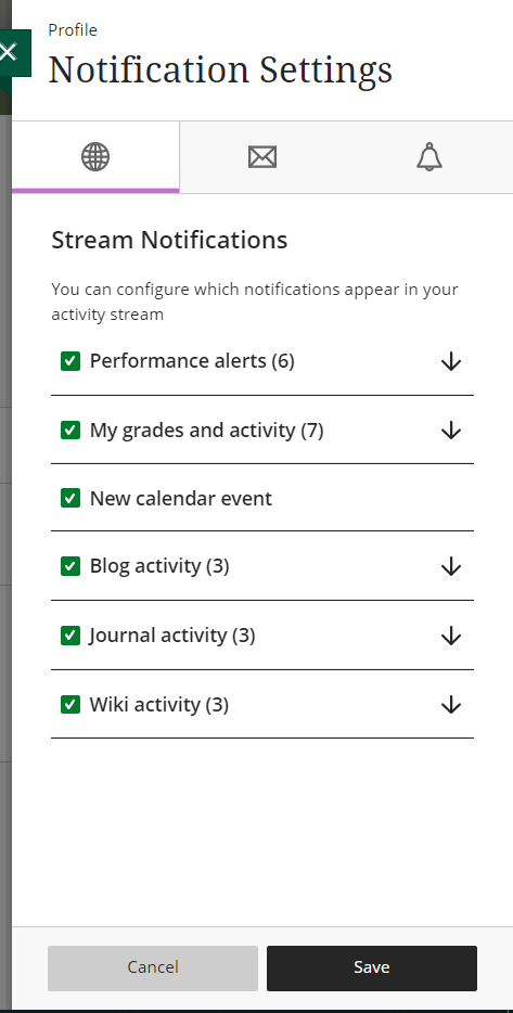 Stream notification options with expandable settings