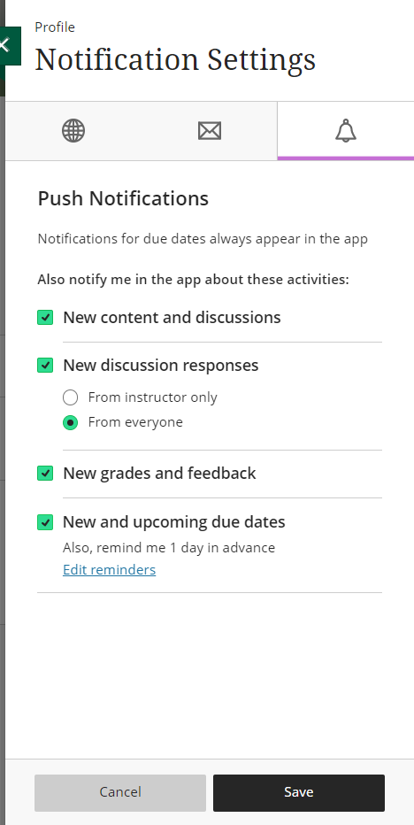 Push notification options in the Blackboard Learn mobile app