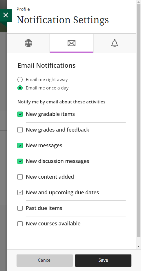 Email notification options and delivery frequency