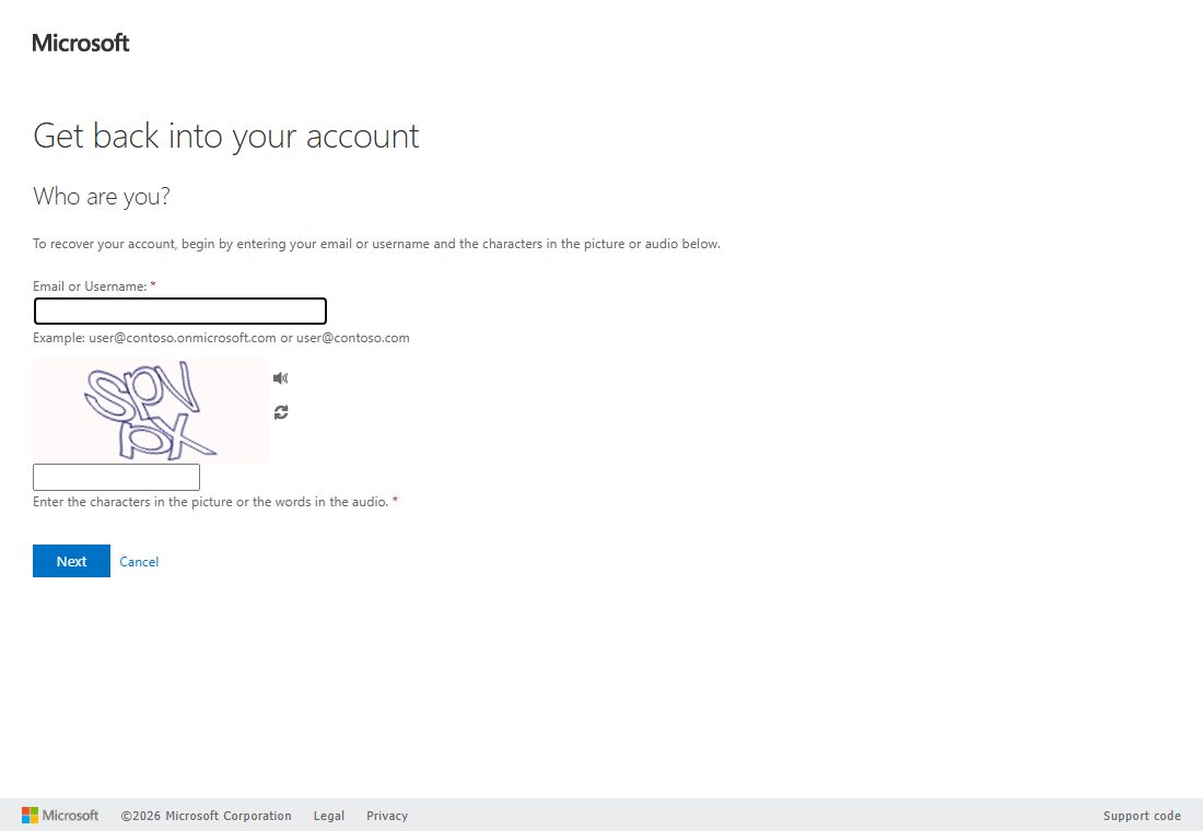 The Microsoft Get back into your account password reset screen, where you enter your COD email and the verification characters