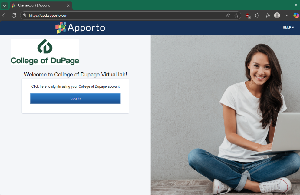 The College of DuPage Virtual Lab welcome page at cod.apporto.com with a blue Log in button.