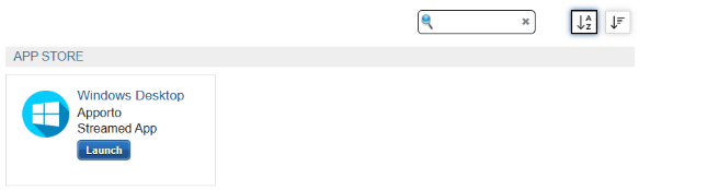 The Apporto App Store showing a Windows Desktop tile with a Launch button.