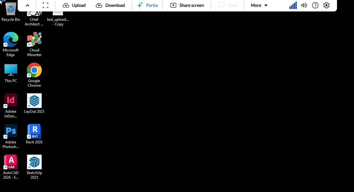 The Apporto virtual Windows desktop with design software icons and the Apporto toolbar across the top.